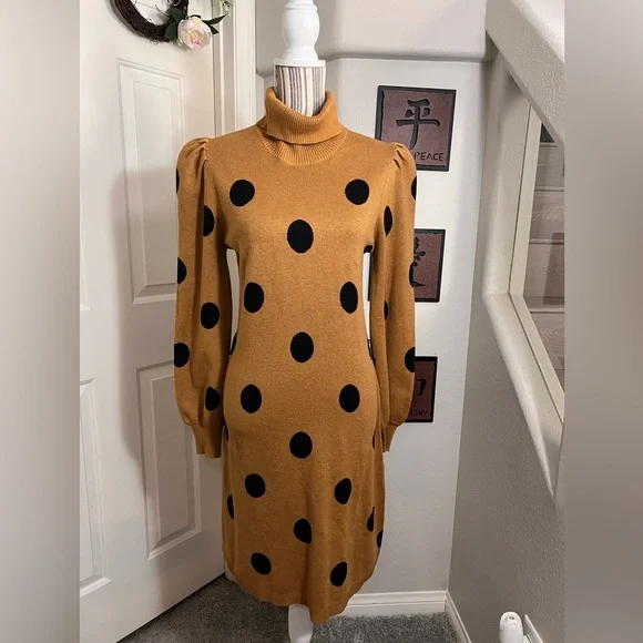 Who What Wear Tan Mocha Polka Cowl Neck Balloon Sleeve Sweater Midi Dress M - Picture 4 of 12